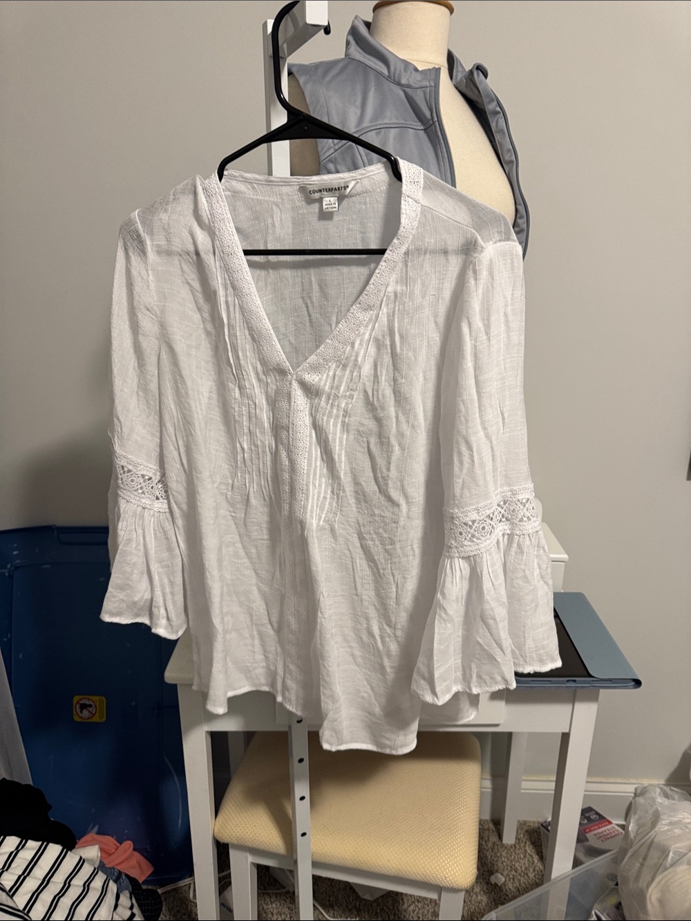 Counterparts White V-Neck Crochet Bell Sleeve Blouse